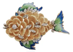 18k Gold Enamel Fish Brooch