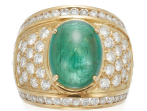 18k Emerald Cabochon and Diamond Ring