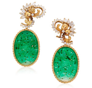 atlanta estate jewelry buyer 18k Carved Green Jade and Diamond Dangle Earrings