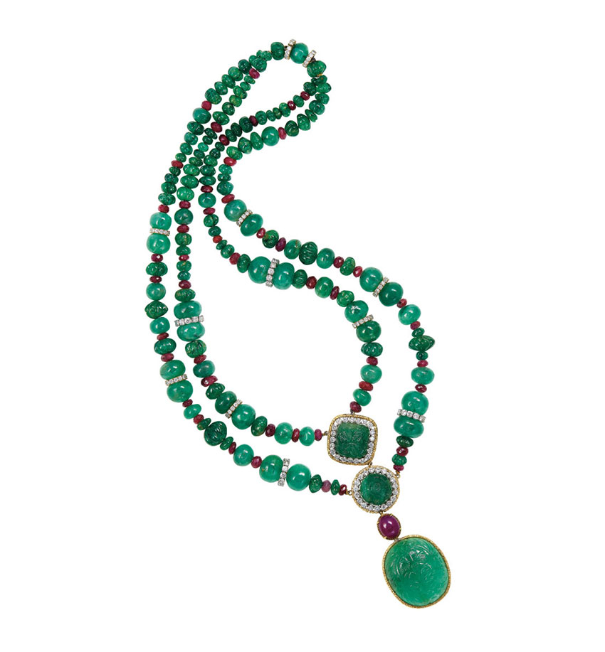 Antique 18k Mughal Carved Emerald Necklace