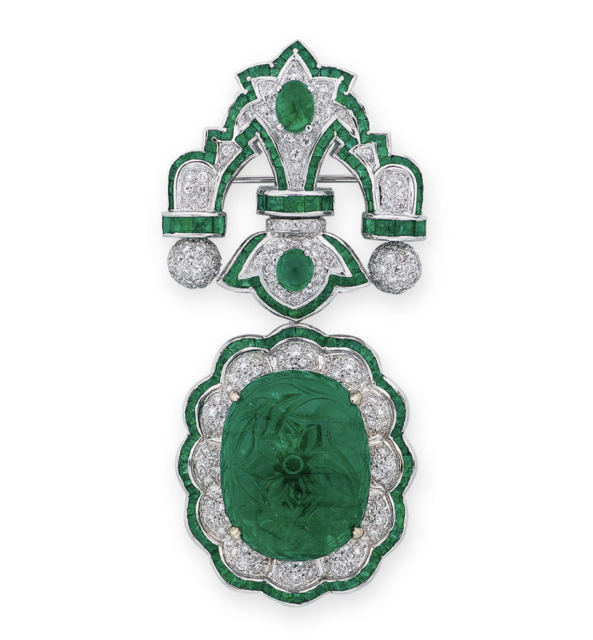 Antique 18k Mughal Carved Emerald and Diamond Pendant Brooch
